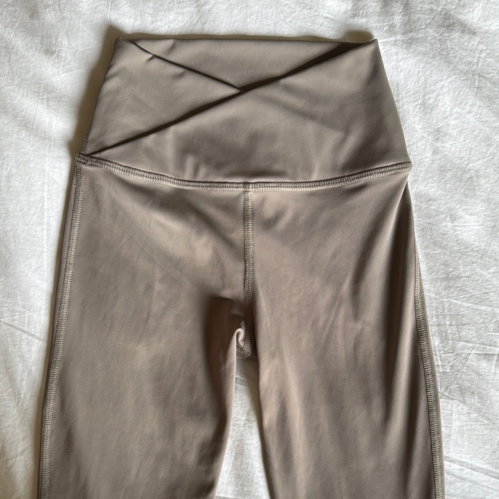 Tan High-Waisted Leggings with Unique Waistband
